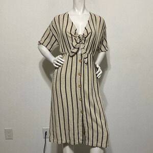 By Together Collection Cream Black Linen Blend Button Striped Midi Dress Size L